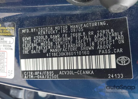 2006 Toyota Camry Le from USA, damaged, VIN 4T1BE30K86U110160